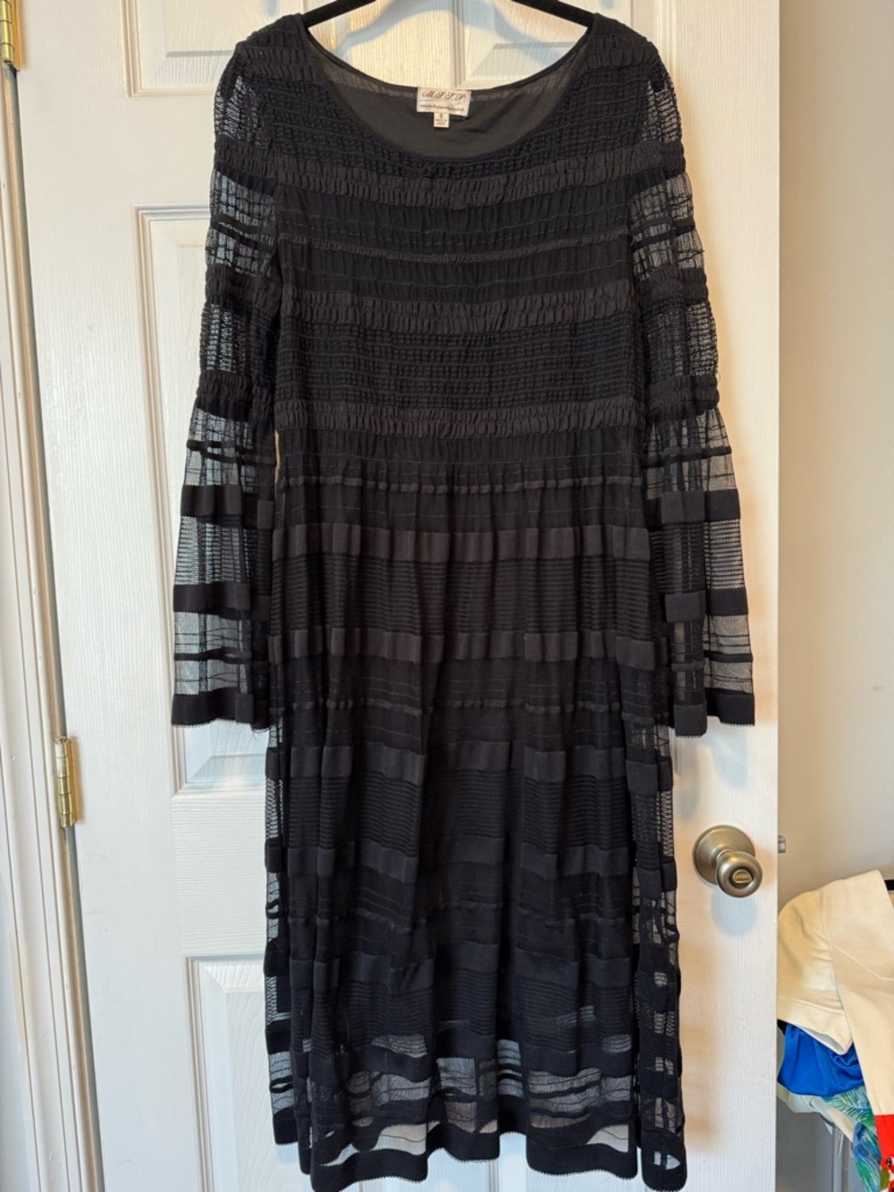 Black Textured Midi Dress with Sheer Stripe Details - Unknown Brand
